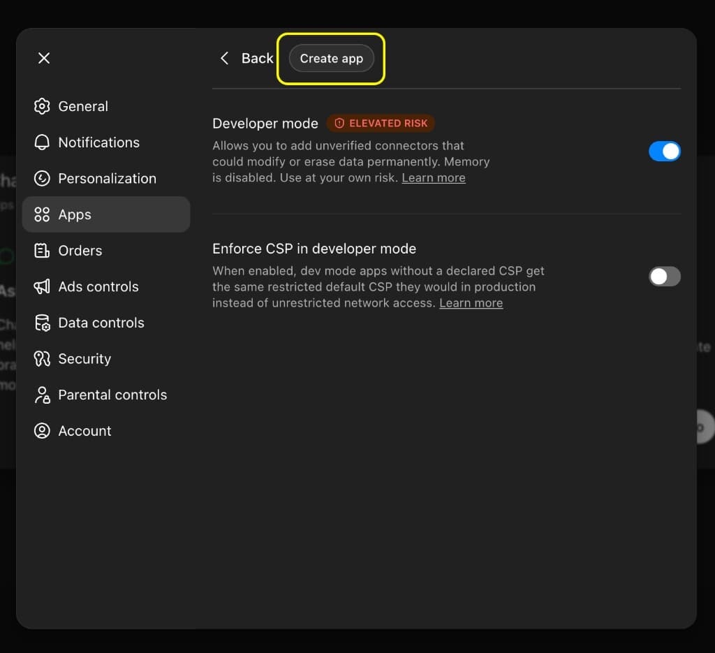 ChatGPT Apps settings with the Create app button next to Back