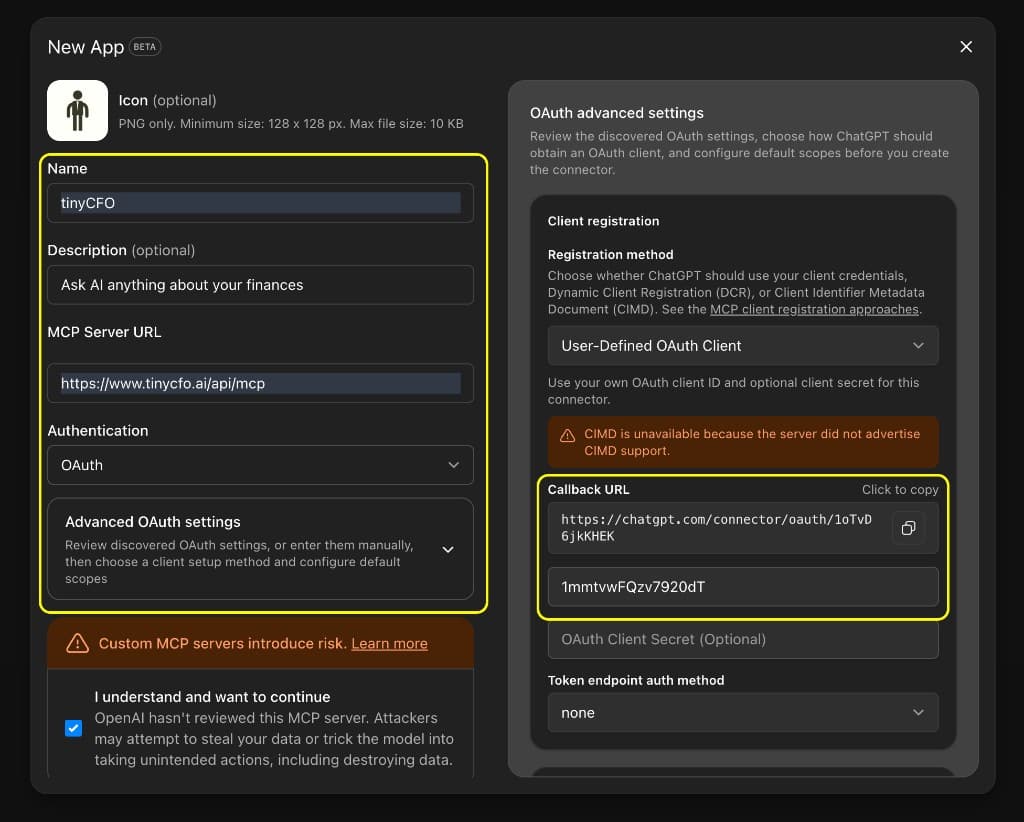 ChatGPT New App modal with tinyCFO name, MCP URL, OAuth, User-Defined OAuth Client, callback URL, client ID, and token endpoint auth set to none