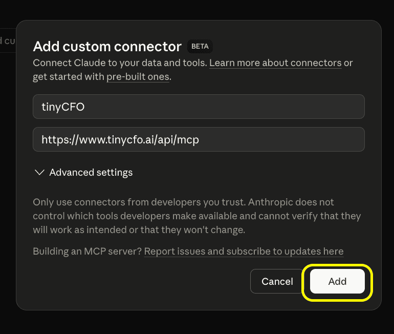 Claude Add custom connector dialog with Name tinyCFO and Remote MCP server URL filled in, Add button visible