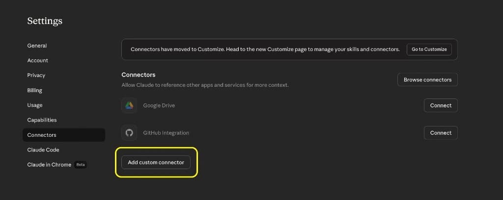Claude Settings page showing the Connectors tab with the Add custom connector button highlighted